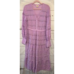 Temperley London Lavender Eyelet Lace Tiered Maxi Dress Long Sleeve V Neck